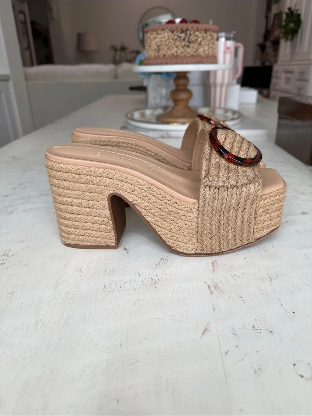 Gianni Bini Beige Woven Platform Sandals with Tortoiseshell Buckles